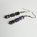 Czech Crystals Antique Bronze Column Drop Earrings - Dark Milky Amethyst