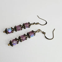 Czech Crystals Antique Bronze Column Drop Earrings - Milky Light Amethyst