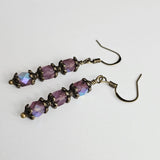 Czech Crystals Antique Bronze Column Drop Earrings - Milky Light Amethyst