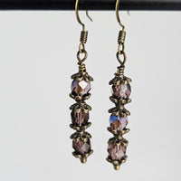 Czech Crystals Antique Bronze Column Drop Earrings - Light Purple
