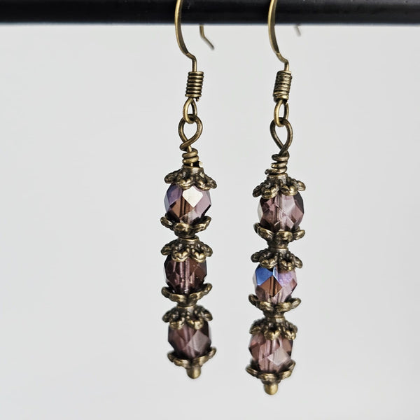 Czech Crystals Antique Bronze Column Drop Earrings - Light Purple