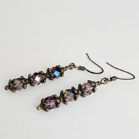 Czech Crystals Antique Bronze Column Drop Earrings - Light Purple