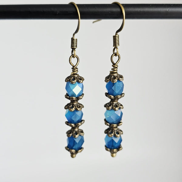 Czech Crystals Antique Bronze Column Drop Earrings - Frosted Blue