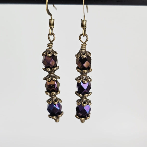 Czech Crystals Antique Bronze Column Drop Earrings - Blue Purple