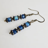 Czech Crystals Antique Bronze Column Drop Earrings - Frosted Blue