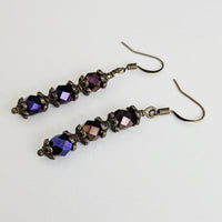 Czech Crystals Antique Bronze Column Drop Earrings - Blue Purple