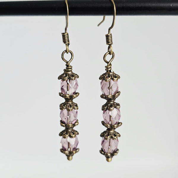 Czech Crystals Antique Bronze Column Drop Earrings - Pinkish
