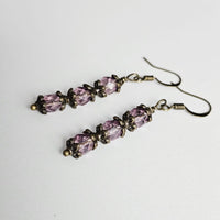 Czech Crystals Antique Bronze Column Drop Earrings - Pinkish