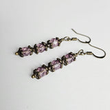 Czech Crystals Antique Bronze Column Drop Earrings - Pinkish