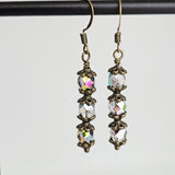 Czech Crystals Antique Bronze Column Drop Earrings - Clear Vitrail