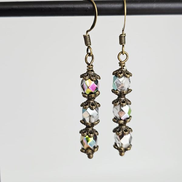Czech Crystals Antique Bronze Column Drop Earrings - Clear Vitrail
