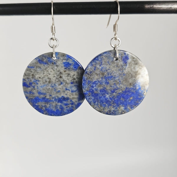 Lapis Lazuli Medium Round Disk 925 Sterling Silver Handmade Artisan Earrings