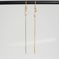Pull Through 18K Gold Plated Chain with Tiny White Pearl Long Earrings