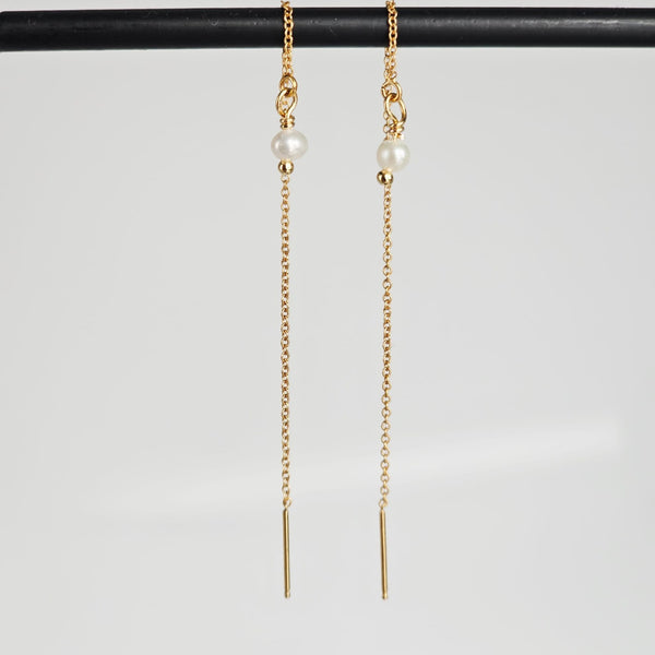Pull Through 18K Gold Plated Chain with Tiny White Pearl Long Earrings