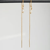Pull Through 18K Gold Plated Chain with Tiny White Pearl Long Earrings