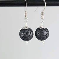 Natural Black Lava Stone Beads 925 Solid Sterling Silver Earrings