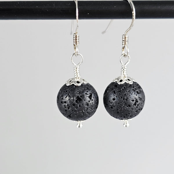 Natural Black Lava Stone Beads 925 Solid Sterling Silver Earrings