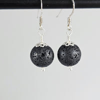 Natural Black Lava Stone Beads 925 Solid Sterling Silver Earrings