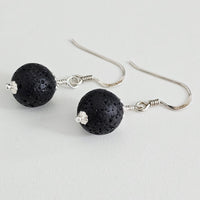 Natural Black Lava Stone Beads 925 Solid Sterling Silver Earrings