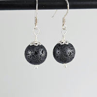 Natural Black Lava Stone Beads 925 Solid Sterling Silver Earrings