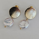 Freshwater Coin Pearl Baroque Dangle Round Disk Stud 18K Gold Plated Earrings