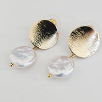 Freshwater Coin Pearl Baroque Dangle Round Disk Stud 18K Gold Plated Earrings