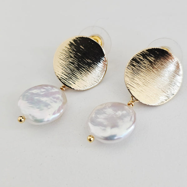 Freshwater Coin Pearl Baroque Dangle Round Disk Stud 18K Gold Plated Earrings