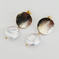 Freshwater Coin Pearl Baroque Dangle Round Disk Stud 18K Gold Plated Earrings