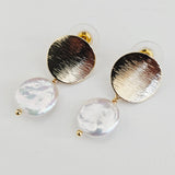 Freshwater Coin Pearl Baroque Dangle Round Disk Stud 18K Gold Plated Earrings
