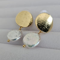 Freshwater Coin Pearl Baroque Dangle Round Disk Stud 18K Gold Plated Earrings