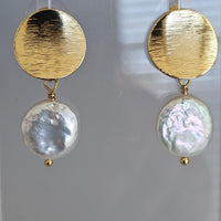Freshwater Coin Pearl Baroque Dangle Round Disk Stud 18K Gold Plated Earrings