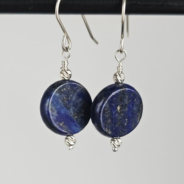 Lapis Lazuli Round Disk 925 Sterling Silver Handmade Artisan Earrings