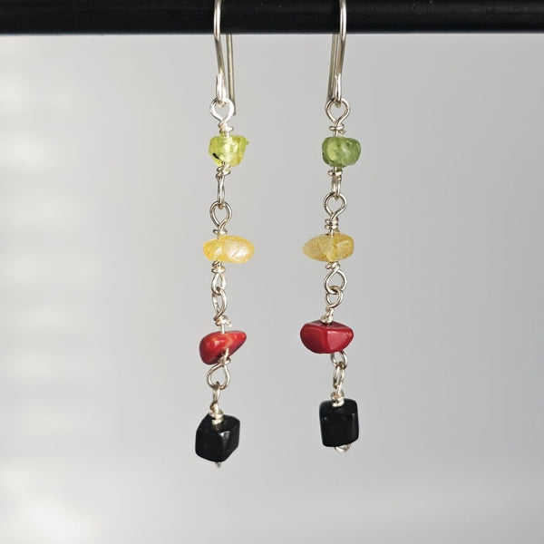 Reggae Rasta Jamaica Style Colorful Gemstones 925 Sterling Silver Long Earrings