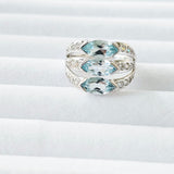 3-Stone Marquise Genuine Blue Topaz Real 925 Sterling Silver Ring