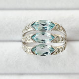 3-Stone Marquise Genuine Blue Topaz Real 925 Sterling Silver Ring