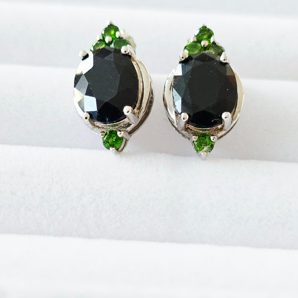 6 Ct. Genuine Black Sapphire & Chrome Diopside 925 Sterling Silver Stud Earrings