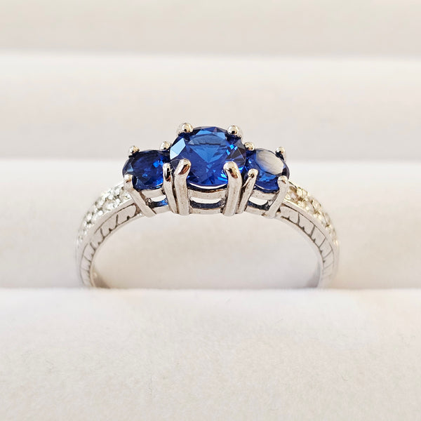 Lab Created Blue Sapphire 925 Sterling Silver 3-Stone Anniversary Engagement