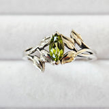 Natural Peridot Antique Finish 925 Sterling Silver Leaf Solitaire Ring