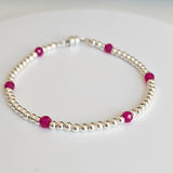 Red Ruby & 925 Sterling Silver Beads Stacking Bracelet with Magnetic Clasp