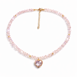 Pink Crystal Heart Necklace Choker Handmade Gold Plated Pendant Gift for Her