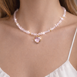 Pink Crystal Heart Necklace Choker Handmade Gold Plated Pendant Gift for Her