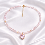 Pink Crystal Heart Necklace Choker Handmade Gold Plated Pendant Gift for Her