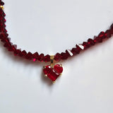 Red Crystal Heart Necklace Choker Handmade Gold Plated Pendant Gift for Her