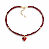 Red Crystal Heart Necklace Choker Handmade Gold Plated Pendant Gift for Her