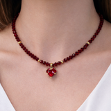 Red Crystal Heart Necklace Choker Handmade Gold Plated Pendant Gift for Her