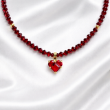 Red Crystal Heart Necklace Choker Handmade Gold Plated Pendant Gift for Her