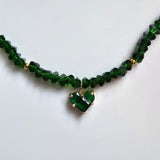 Green Crystal Heart Necklace Choker Handmade Gold Plated Pendant Gift for Her