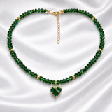 Green Crystal Heart Necklace Choker Handmade Gold Plated Pendant Gift for Her