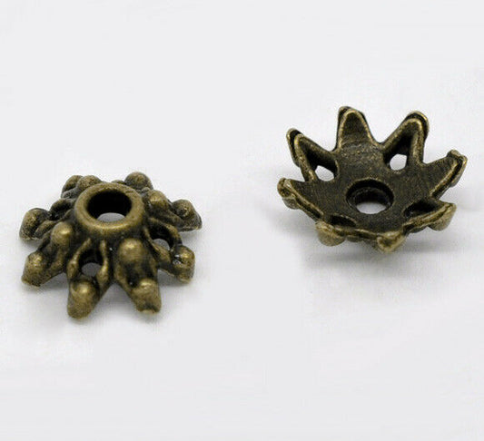 50 Filigree Beads Caps Flower Antique Bronze Dot Pattern 9mm x 3.5mm