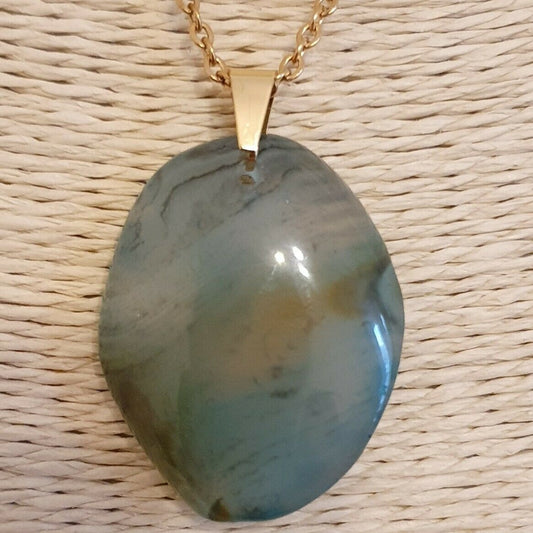 Natural Milky Blue Irregular Agate Gold Plated Stainless Steel Chain Necklace